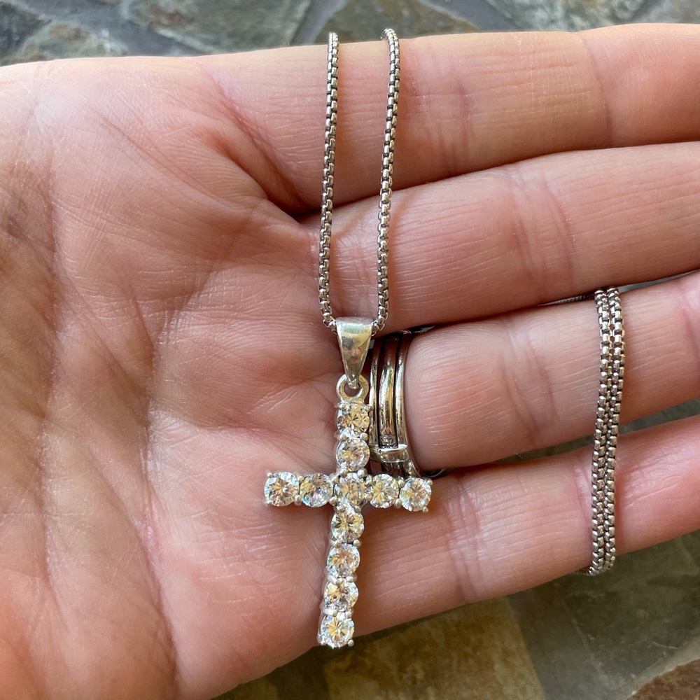 Sterling Silver CZ Cross Chain - Picture 2 of 14